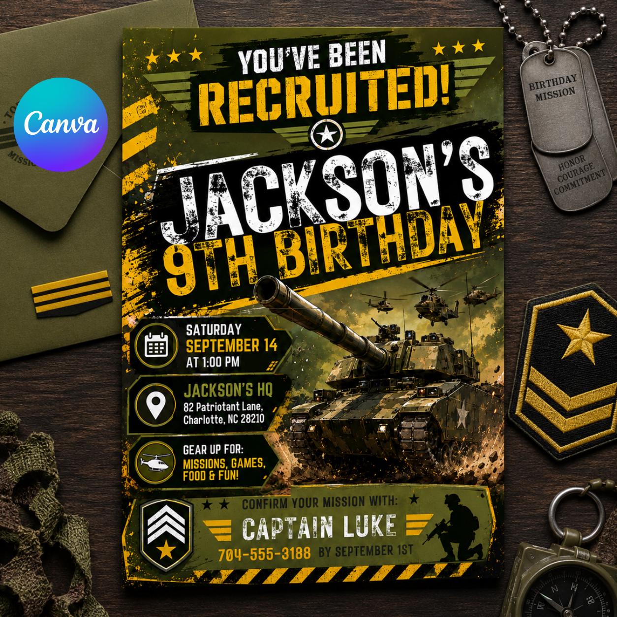 Military Theme Birthday Invitation, Camo Invite, Army Theme Invitation, Top Secret Mission Party, Editable Canva Template __etsy:8080305201