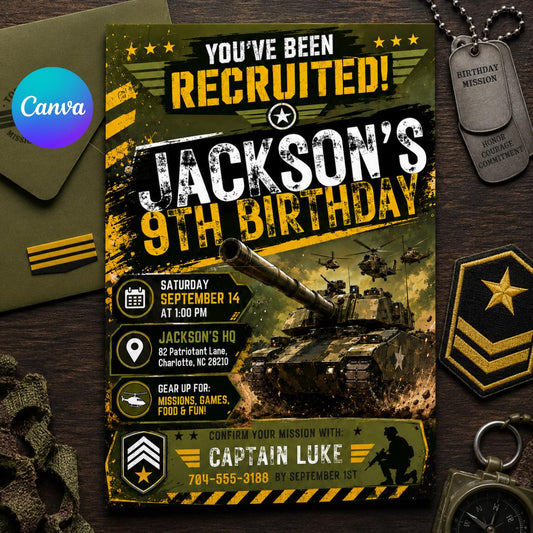 Military Theme Birthday Invitation, Camo Invite, Army Theme Invitation, Top Secret Mission Party, Editable Canva Template __etsy:8080305201