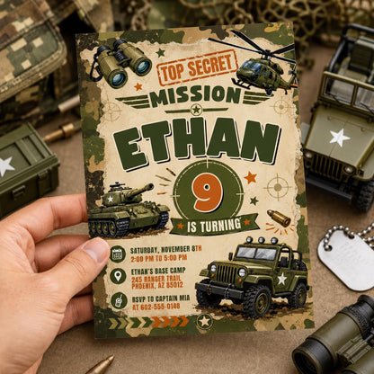 Military Theme Birthday Invitation, Camo Invite, Army Theme Invitation, Top Secret Mission Party, Editable Canva Template __etsy:8008882388