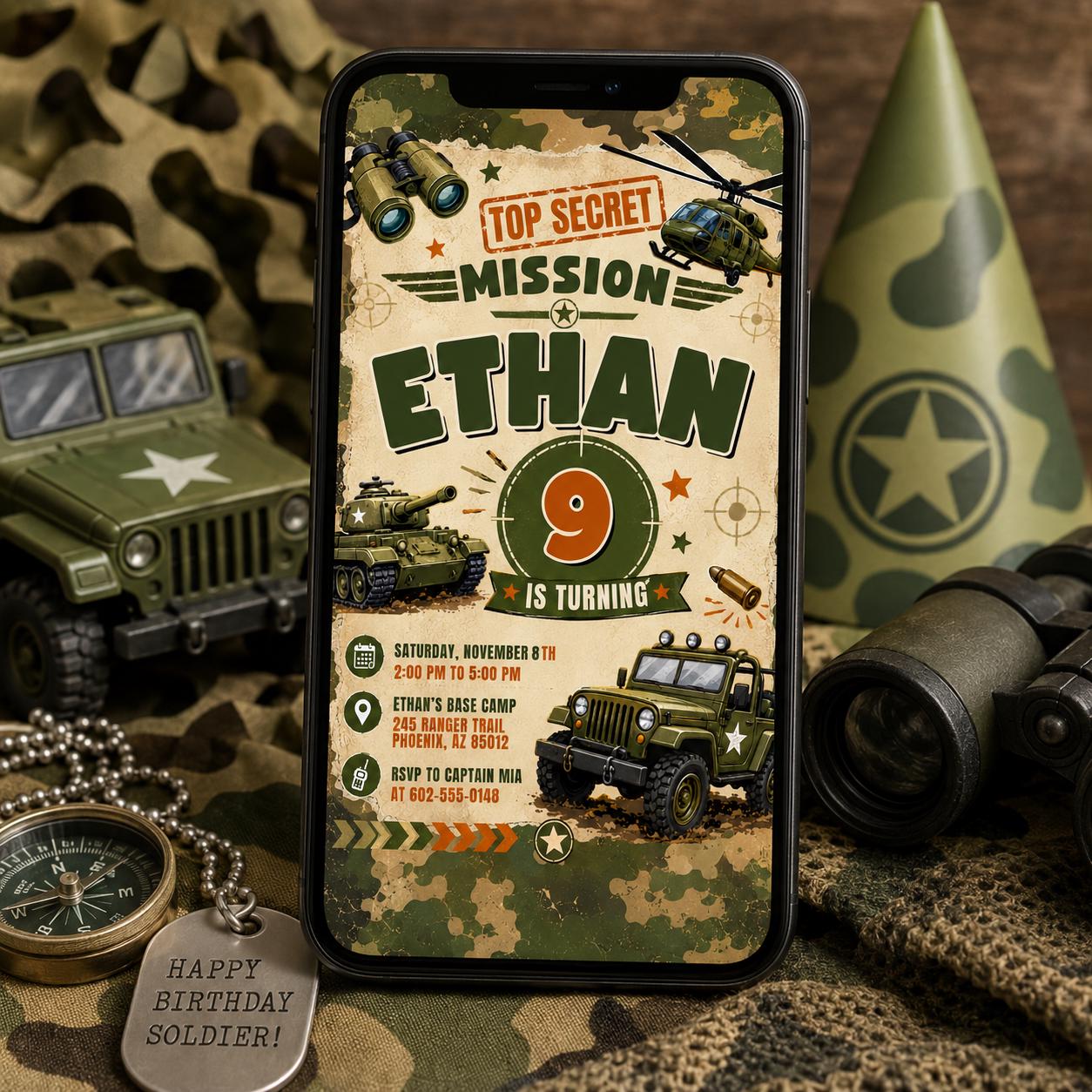 Military Theme Birthday Invitation, Camo Invite, Army Theme Invitation, Top Secret Mission Party, Editable Canva Template __etsy:8008882386