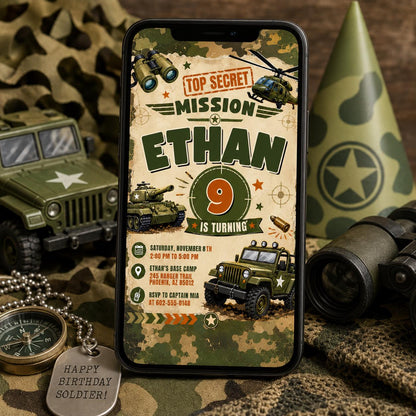 Military Theme Birthday Invitation, Camo Invite, Army Theme Invitation, Top Secret Mission Party, Editable Canva Template __etsy:8008882386