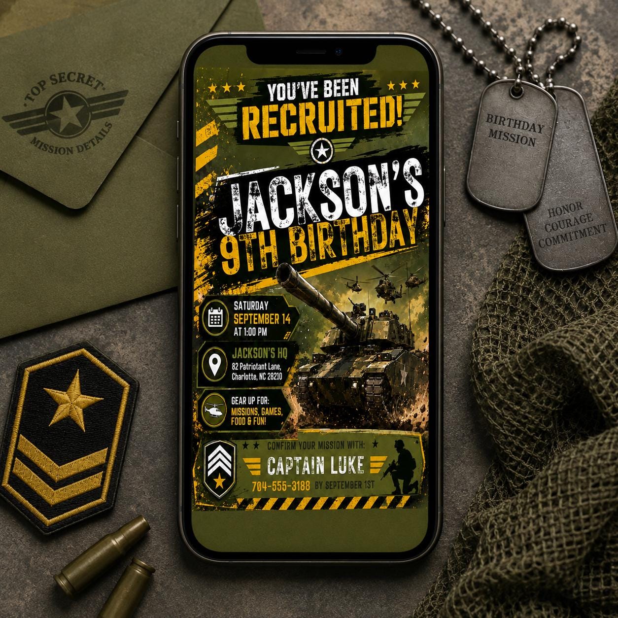 Military Theme Birthday Invitation, Camo Invite, Army Theme Invitation, Top Secret Mission Party, Editable Canva Template __etsy:8032392176