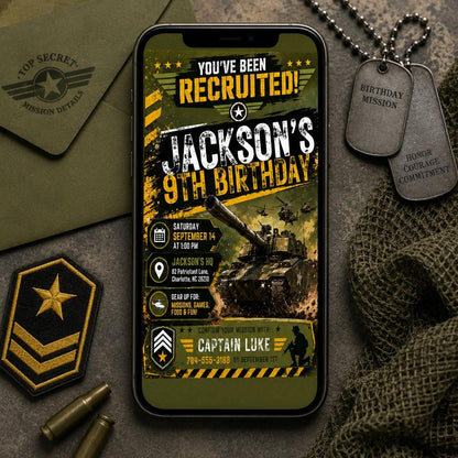 Military Theme Birthday Invitation, Camo Invite, Army Theme Invitation, Top Secret Mission Party, Editable Canva Template __etsy:8032392176