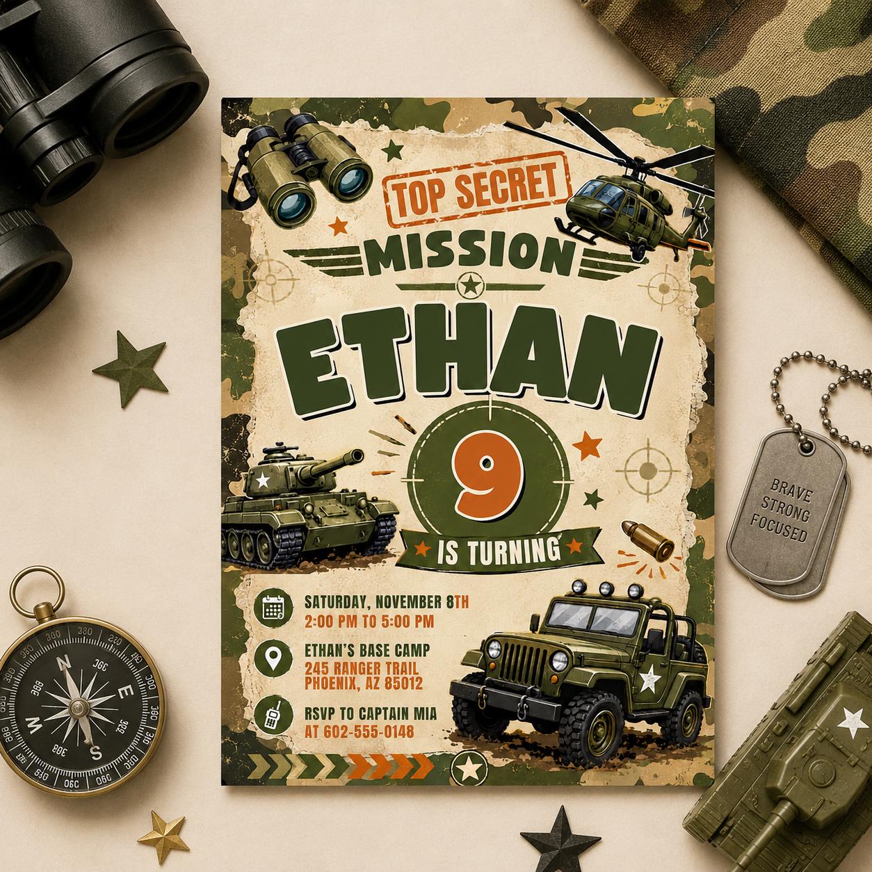 Military Theme Birthday Invitation, Camo Invite, Army Theme Invitation, Top Secret Mission Party, Editable Canva Template __etsy:8008882442