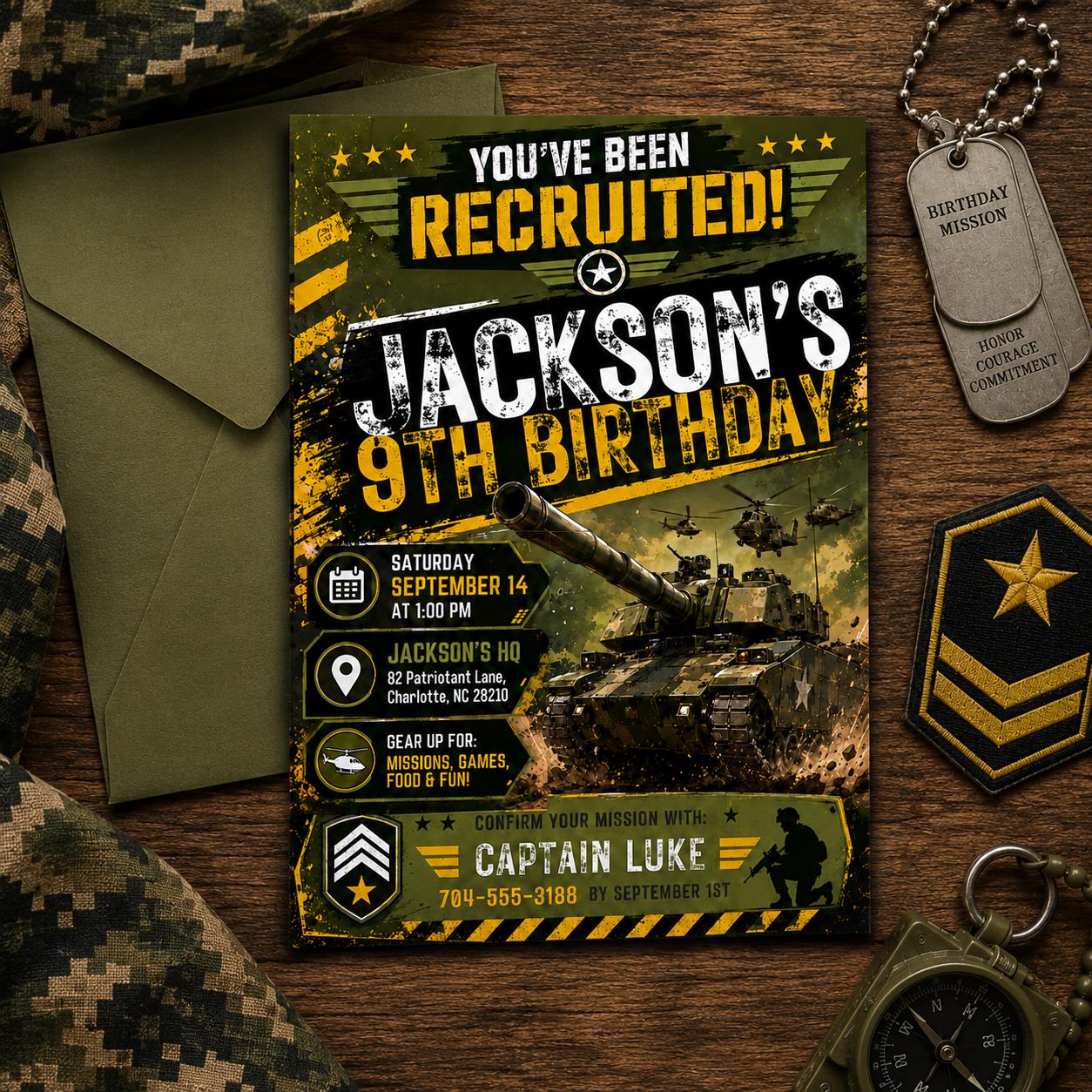 Military Theme Birthday Invitation, Camo Invite, Army Theme Invitation, Top Secret Mission Party, Editable Canva Template __etsy:8080302411