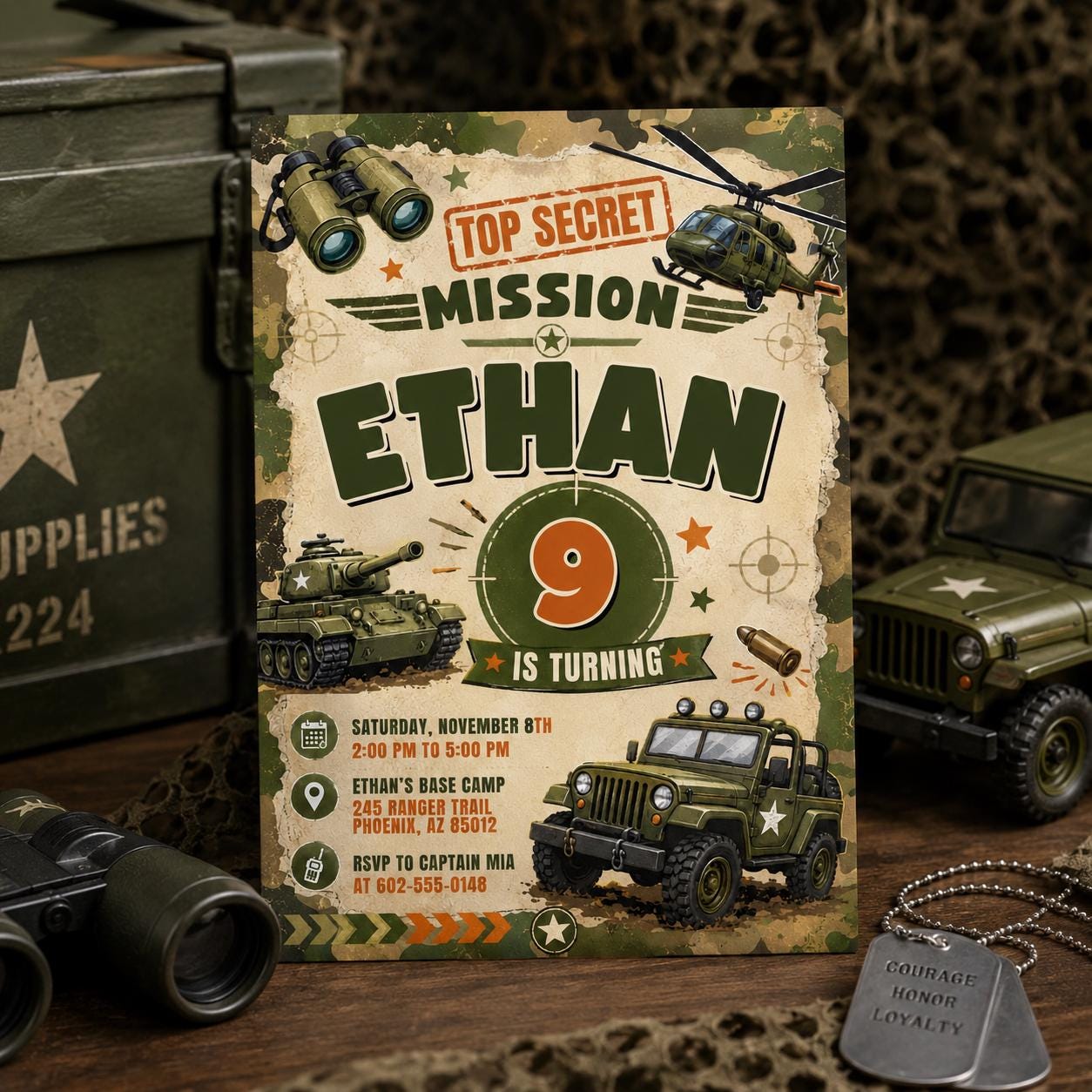 Military Theme Birthday Invitation, Camo Invite, Army Theme Invitation, Top Secret Mission Party, Editable Canva Template __etsy:8056800685