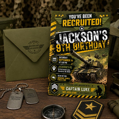 Military Theme Birthday Invitation, Camo Invite, Army Theme Invitation, Top Secret Mission Party, Editable Canva Template __etsy:8032392156