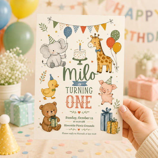 Milo Is Turning One Birthday Invitation, Editable Animal Theme First Birthday Invite, Boy 1st Birthday Cute Template, Printable Digital __etsy:8129982216