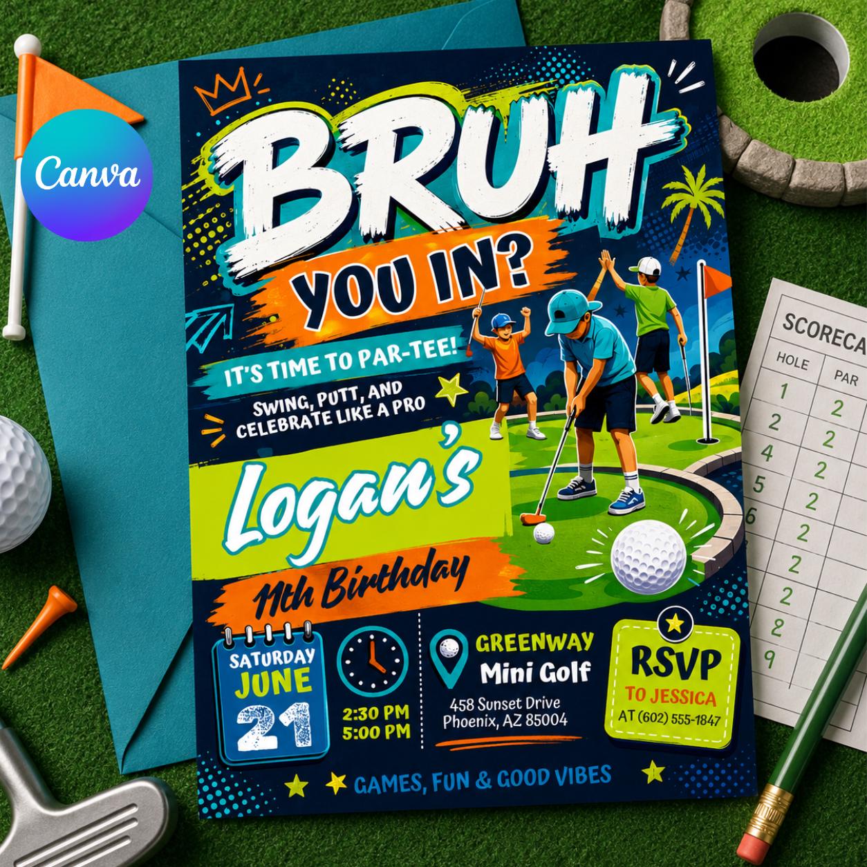 Mini Golf Birthday Invitation Editable in Canva, BRUH YOU IN? Editable Design, Fun Golf Party Digital Invite, Editable Canva Template __etsy:8000894166