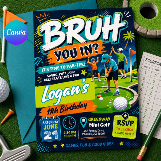 Mini Golf Birthday Invitation Editable in Canva, BRUH YOU IN? Editable Design, Fun Golf Party Digital Invite, Editable Canva Template __etsy:8000894166