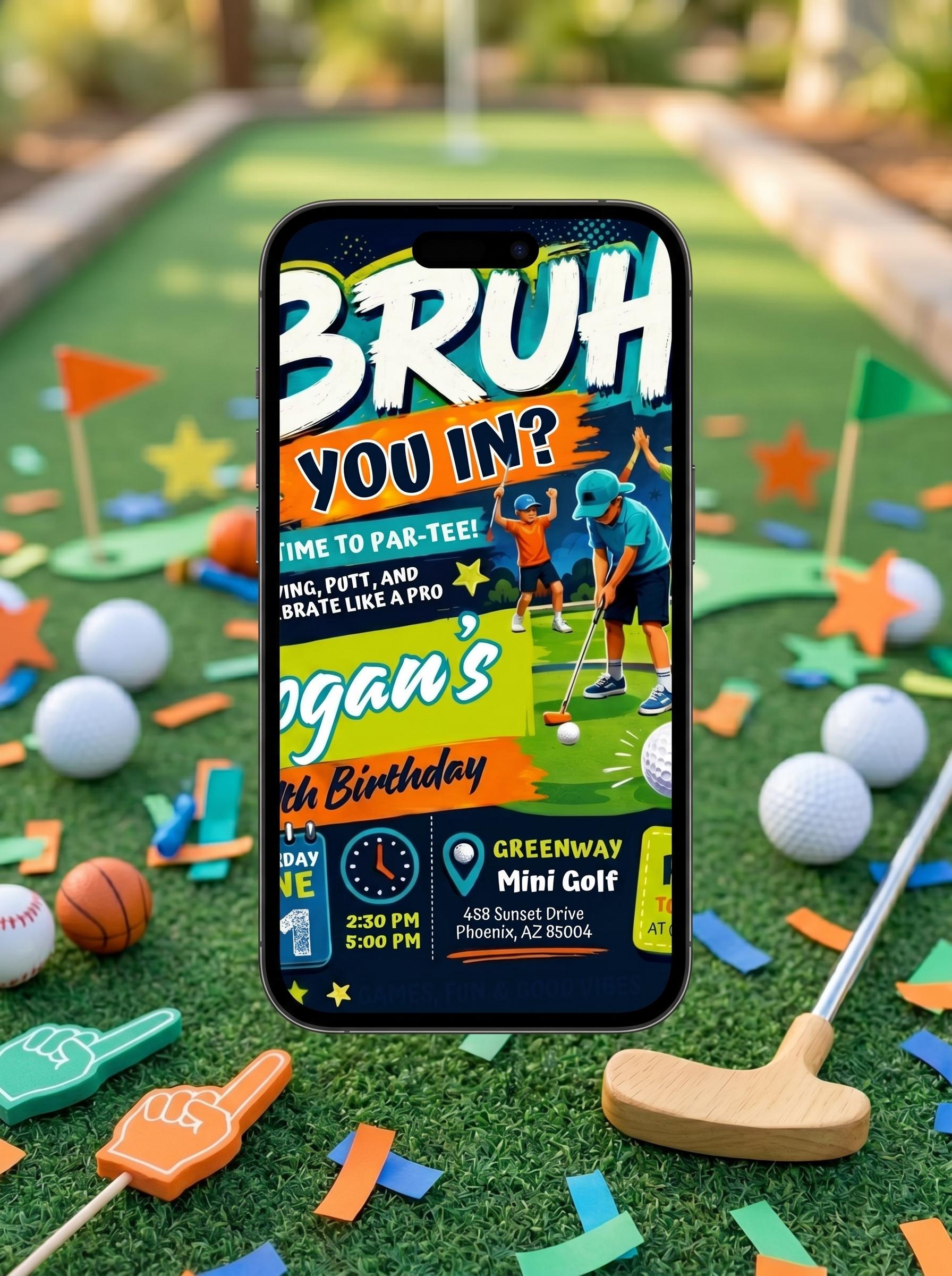 Mini Golf Birthday Invitation Editable in Canva, BRUH YOU IN? Editable Design, Fun Golf Party Digital Invite, Editable Canva Template __etsy:8046300117