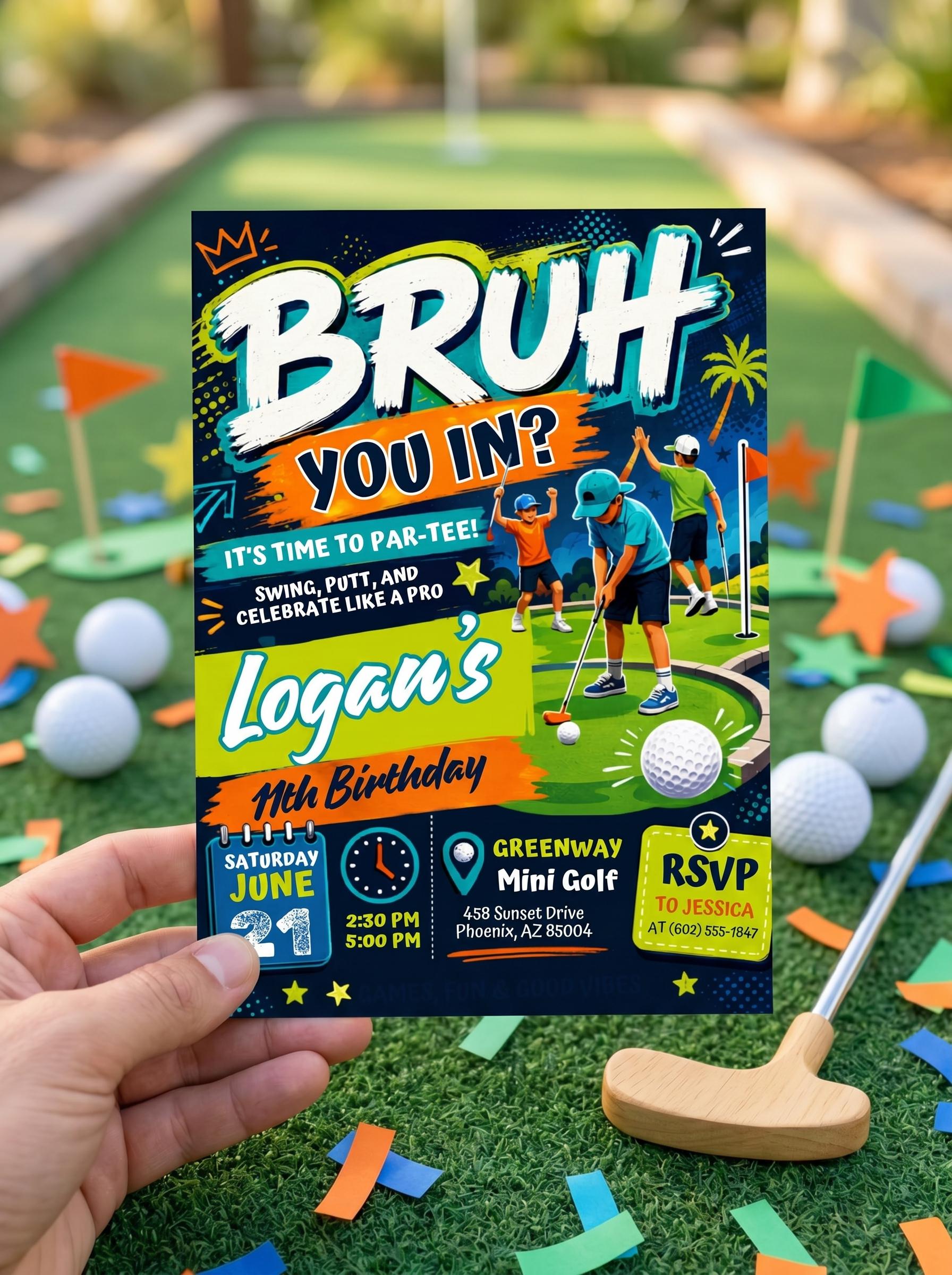 Mini Golf Birthday Invitation Editable in Canva, BRUH YOU IN? Editable Design, Fun Golf Party Digital Invite, Editable Canva Template __etsy:8046300123