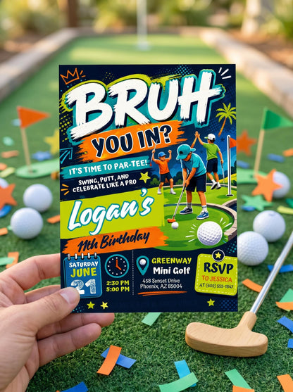 Mini Golf Birthday Invitation Editable in Canva, BRUH YOU IN? Editable Design, Fun Golf Party Digital Invite, Editable Canva Template __etsy:8046300123