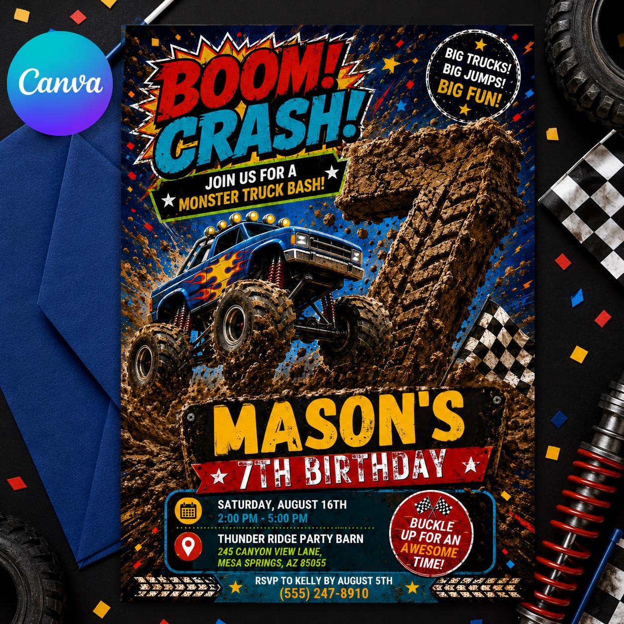 Monster Truck Birthday Invitation, Editable Boom Crash Monster, Bash Printable Invite, Trucks Birthday Template Boys Jam, Canva Template __etsy:8053306380