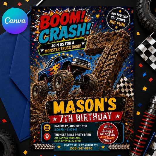 Monster Truck Birthday Invitation, Editable Boom Crash Monster, Bash Printable Invite, Trucks Birthday Template Boys Jam, Canva Template __etsy:8053306380