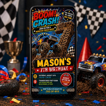 Monster Truck Birthday Invitation, Editable Boom Crash Monster, Bash Printable Invite, Trucks Birthday Template Boys Jam, Canva Template __etsy:8053351458