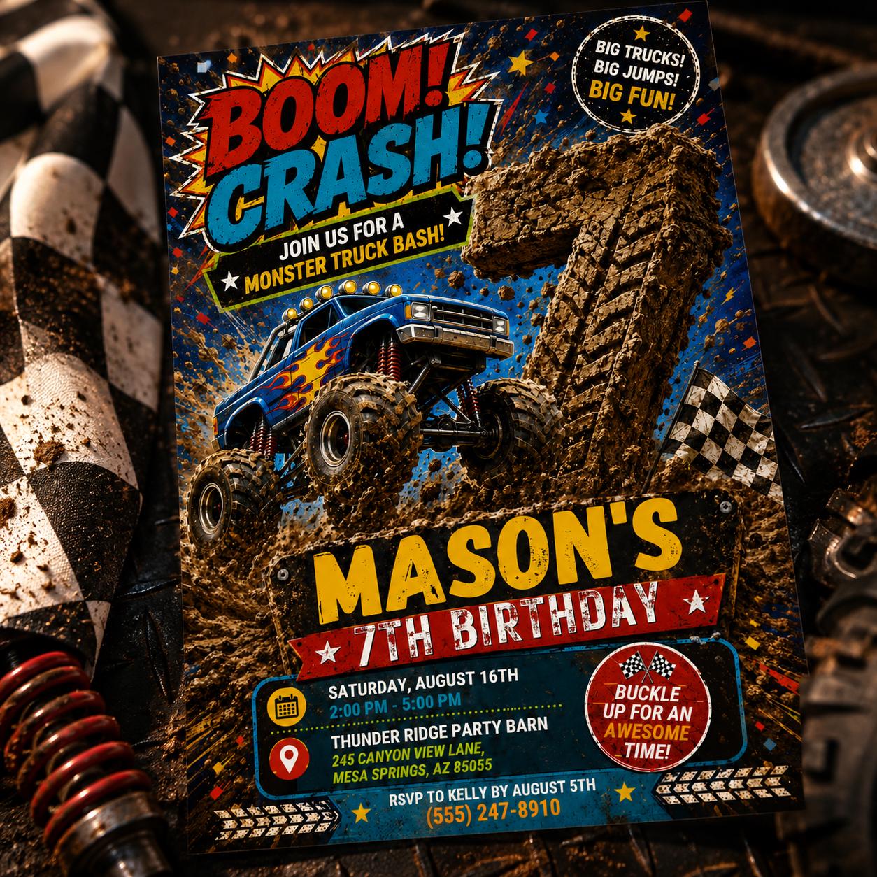 Monster Truck Birthday Invitation, Editable Boom Crash Monster, Bash Printable Invite, Trucks Birthday Template Boys Jam, Canva Template __etsy:8053351468