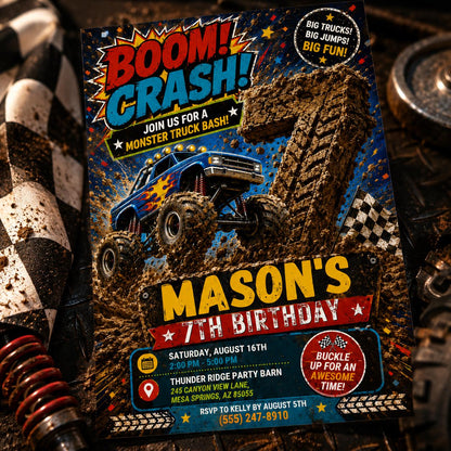Monster Truck Birthday Invitation, Editable Boom Crash Monster, Bash Printable Invite, Trucks Birthday Template Boys Jam, Canva Template __etsy:8053351468
