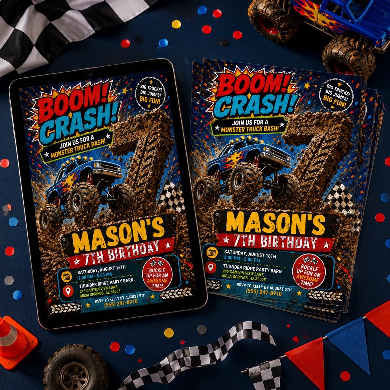 Monster Truck Birthday Invitation, Editable Boom Crash Monster, Bash Printable Invite, Trucks Birthday Template Boys Jam, Canva Template __etsy:8053351460
