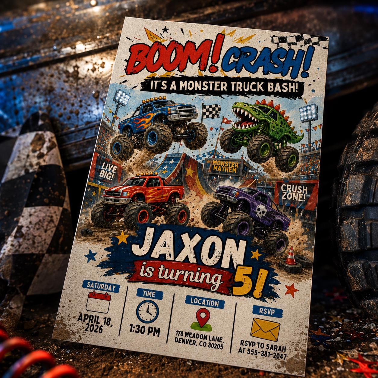 Monster Truck Birthday Invitation, Editable Boom Crash Monster, Bash Printable Invite, Trucks Birthday Template Boys Jam, any age, Canva __etsy:8071499110