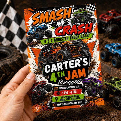 Monster Truck Birthday Invitation, Editable Boom Crash Monster, Bash Printable Invite, Trucks Birthday Template Boys Jam, any age, Canva __etsy:8030830786