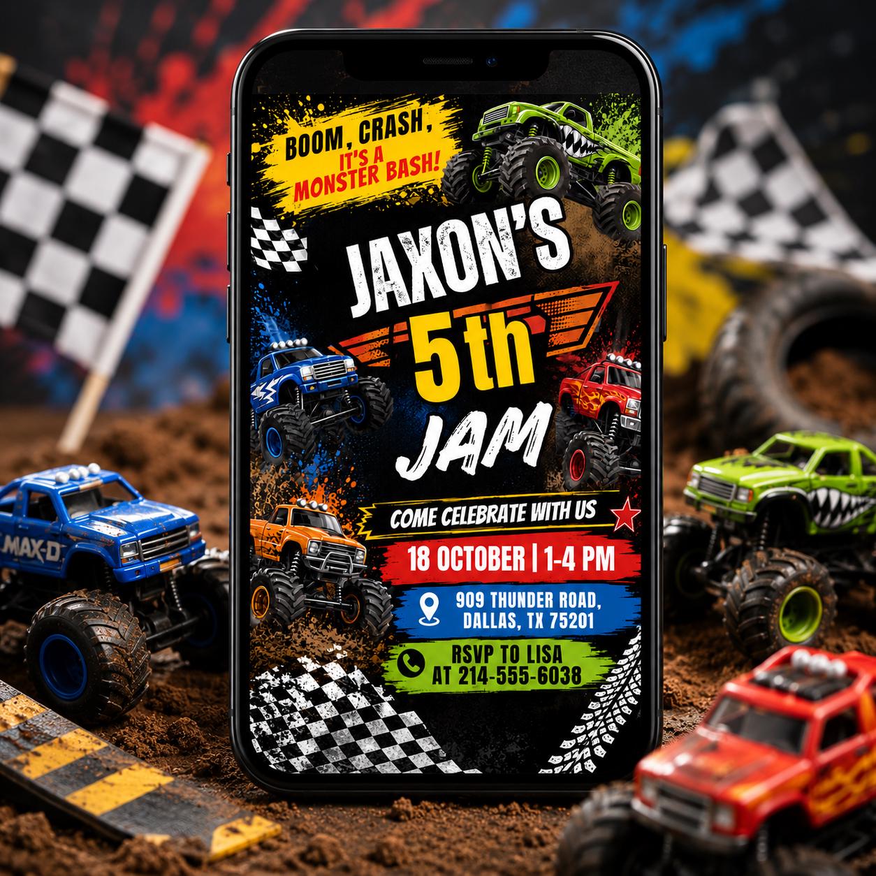 Monster Truck Birthday Invitation, Editable Boom Crash Monster, Bash Printable Invite, Trucks Birthday Template Boys Jam, any age, Canva __etsy:8032824862