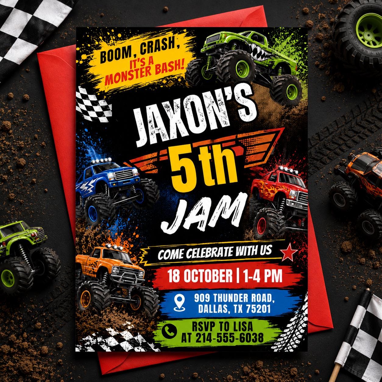 Monster Truck Birthday Invitation, Editable Boom Crash Monster, Bash Printable Invite, Trucks Birthday Template Boys Jam, any age, Canva __etsy:8032824868