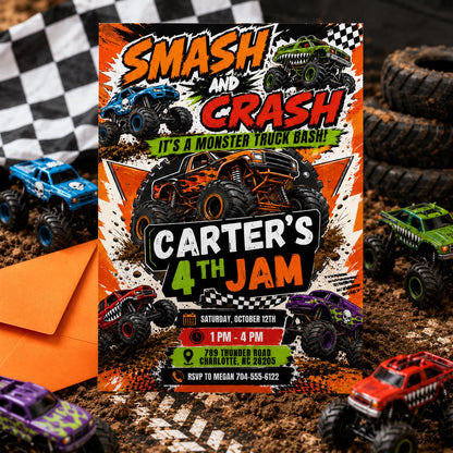 Monster Truck Birthday Invitation, Editable Boom Crash Monster, Bash Printable Invite, Trucks Birthday Template Boys Jam, any age, Canva __etsy:8078740761