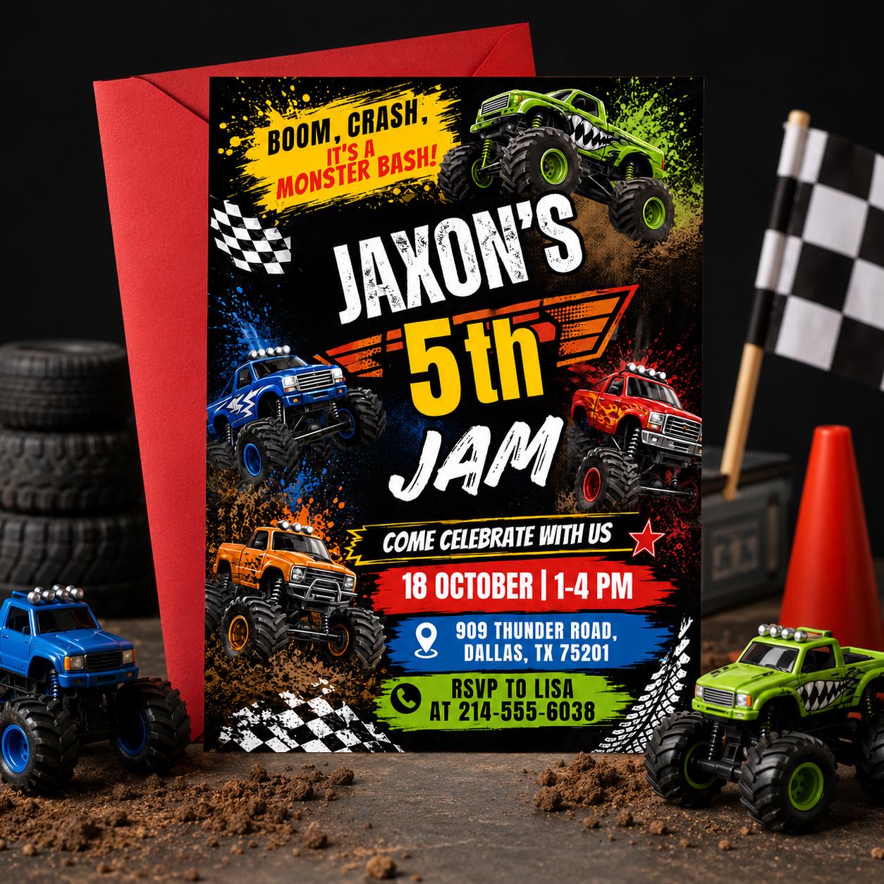 Monster Truck Birthday Invitation, Editable Boom Crash Monster, Bash Printable Invite, Trucks Birthday Template Boys Jam, any age, Canva __etsy:8032824864