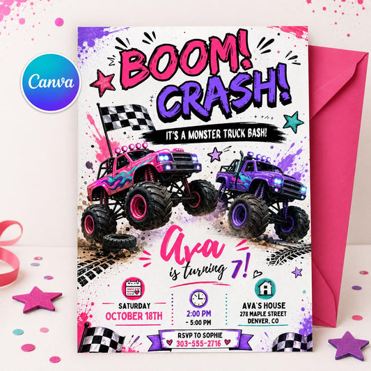 Monster Truck Birthday Invitation, Editable Boom Crash Monster, Bash Printable Invite, Trucks Birthday Template Girls Jam, any age, Canva __etsy:8071499748
