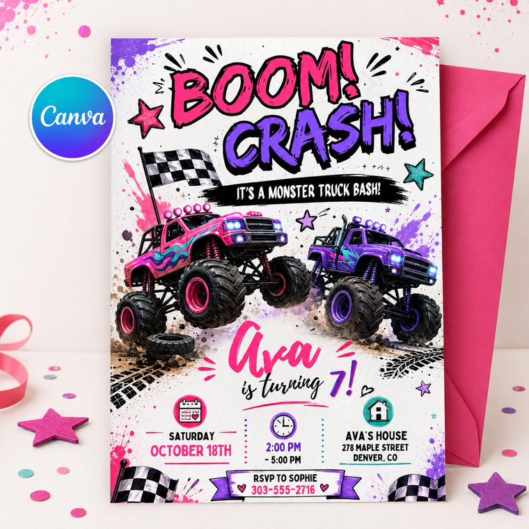 Pink and Purple Boom Crash Monster Truck 7th Birthday Invitation