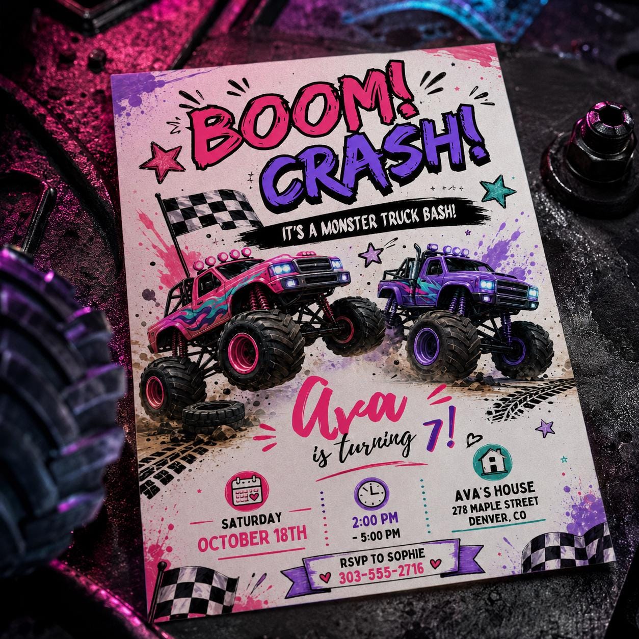 Monster Truck Birthday Invitation, Editable Boom Crash Monster, Bash Printable Invite, Trucks Birthday Template Girls Jam, any age, Canva __etsy:8071499820