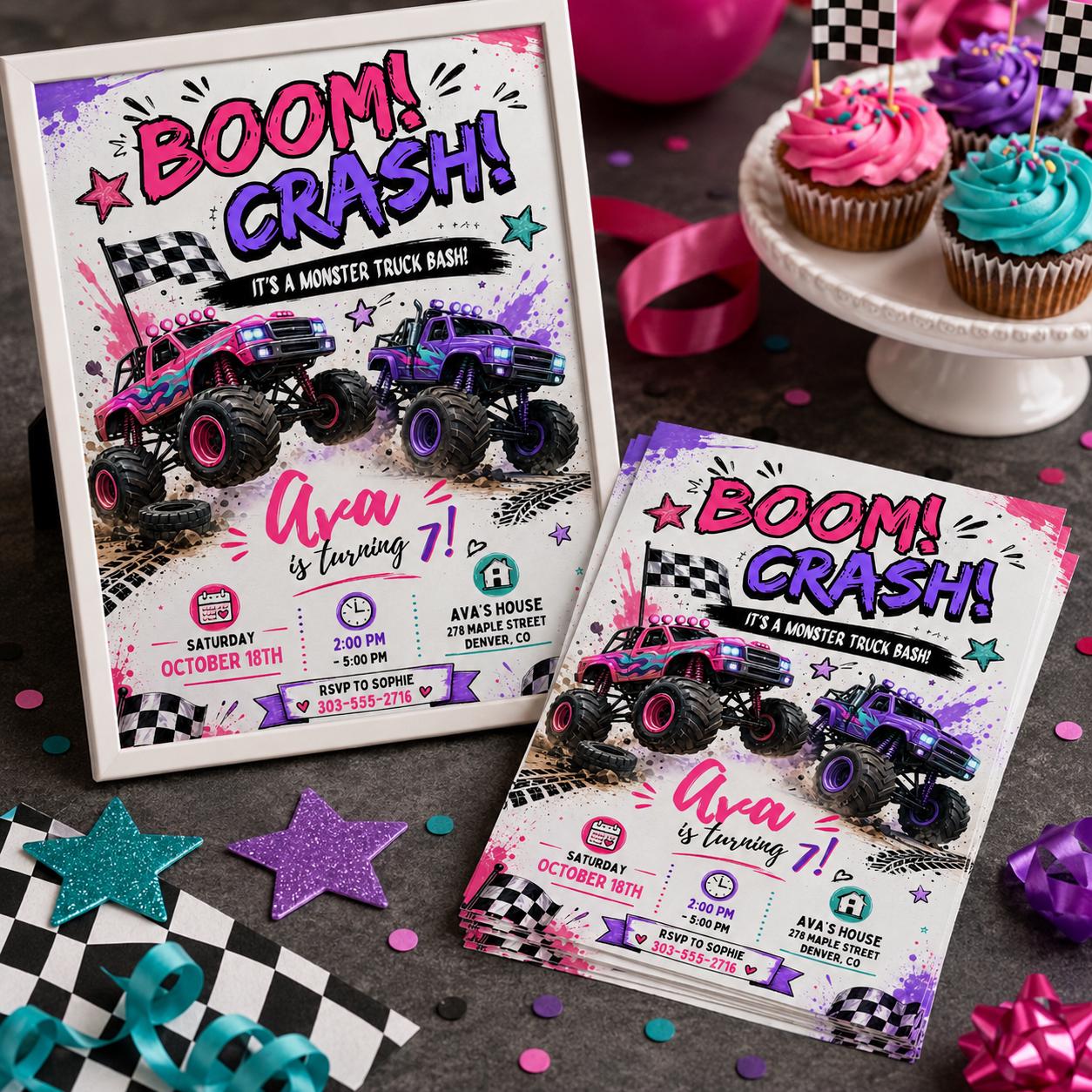 Monster Truck Birthday Invitation, Editable Boom Crash Monster, Bash Printable Invite, Trucks Birthday Template Girls Jam, any age, Canva __etsy:8071499822