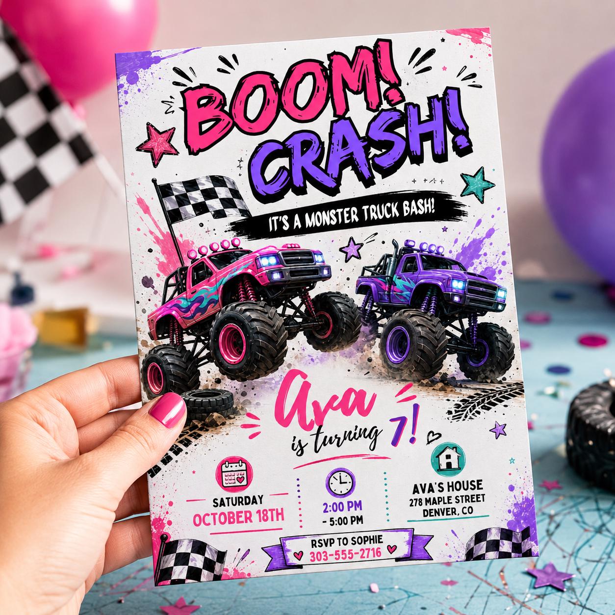 Monster Truck Birthday Invitation, Editable Boom Crash Monster, Bash Printable Invite, Trucks Birthday Template Girls Jam, any age, Canva __etsy:8071499808