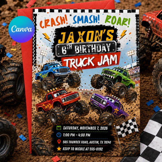 Monster Truck Birthday Invitation Editable Template, Boom Crash Truck Jam Party Invite, Boy 6th Birthday Theme, 5x7 Invite, Boys Truck Theme __etsy:8176366349