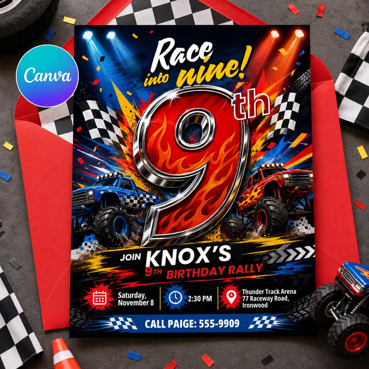 Race into Nine Monster Truck Birthday Invitation with Flaming Nine