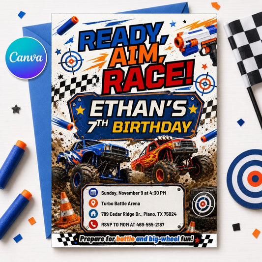Monster Truck Birthday Invitation, Ready Aim Race Party, Blaster invite, Dart Battle Party Invite Nerf Party Theme, Editable Canva Template __etsy:8095014587