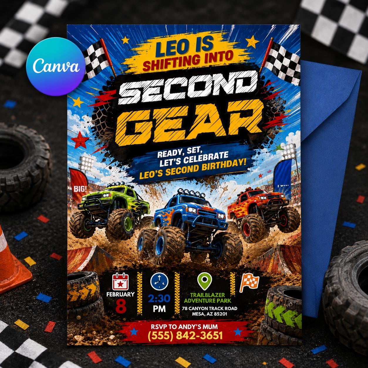 Monster Truck Birthday Invitation, Second Gear Party, Shifting into Second Gear Birthday Monster Truck Racing Invitation Canva Template __etsy:8049773442