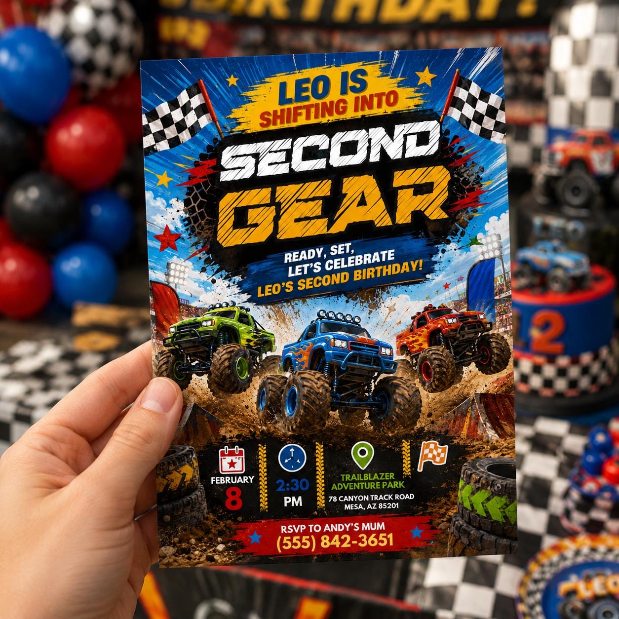 Monster Truck Birthday Invitation, Second Gear Party, Shifting into Second Gear Birthday Monster Truck Racing Invitation Canva Template __etsy:8049756870