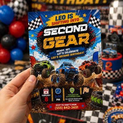 Monster Truck Birthday Invitation, Second Gear Party, Shifting into Second Gear Birthday Monster Truck Racing Invitation Canva Template __etsy:8049756870