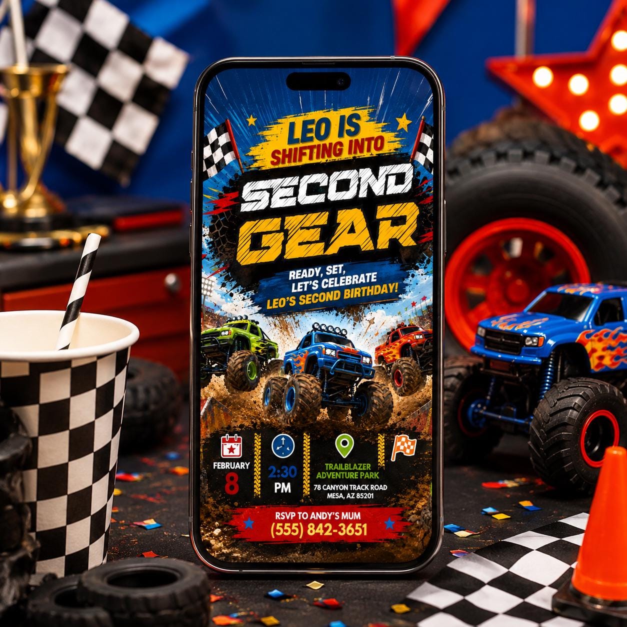 Monster Truck Birthday Invitation, Second Gear Party, Shifting into Second Gear Birthday Monster Truck Racing Invitation Canva Template __etsy:8049756866