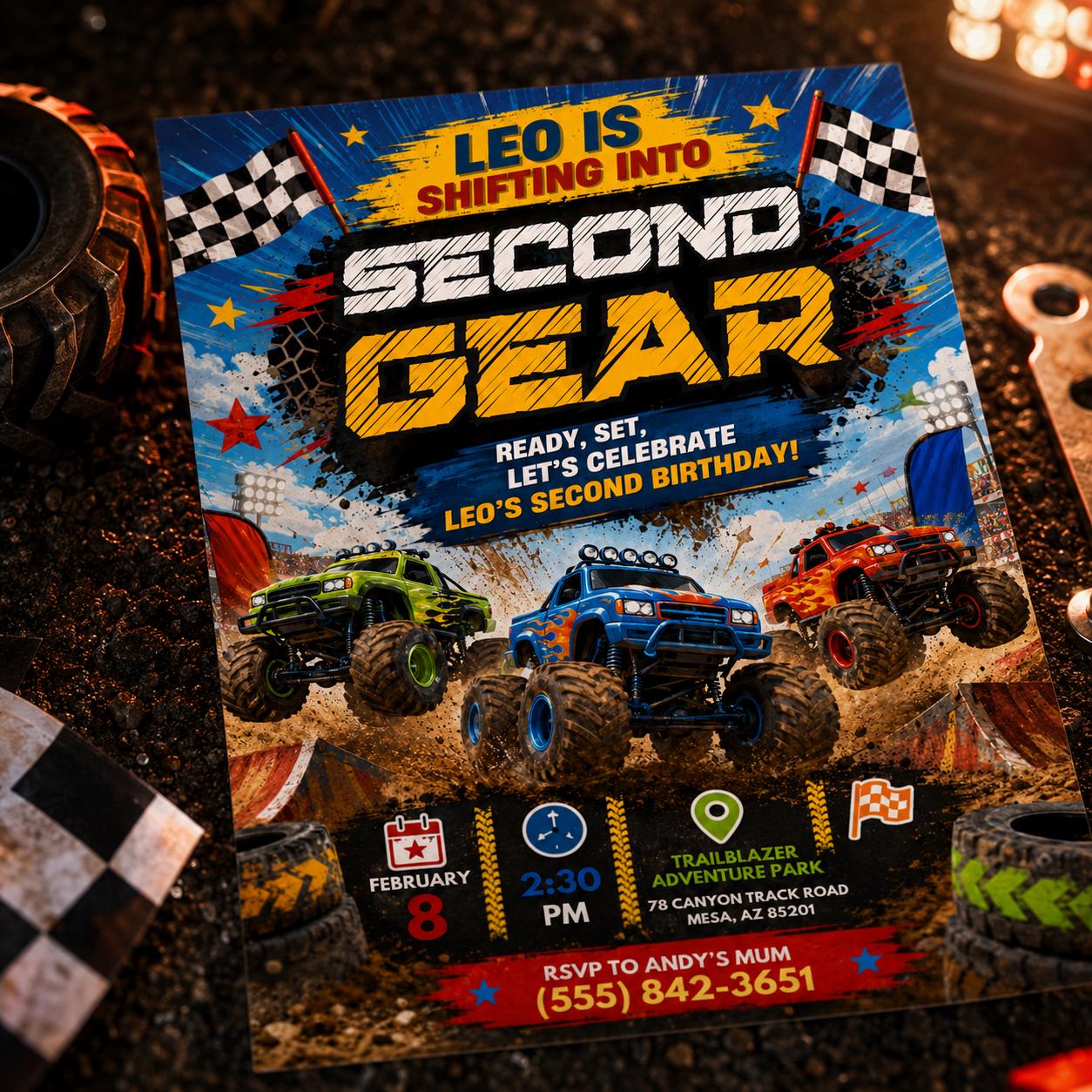 Monster Truck Birthday Invitation, Second Gear Party, Shifting into Second Gear Birthday Monster Truck Racing Invitation Canva Template __etsy:8049757018