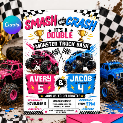 Monster Truck Double Birthday Invitation, Boom Crash It's A Monster Truck Bash, Sibling Party, Joint Invitation, Editable Canva Template __etsy:8056815617