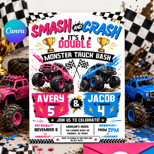 Monster Truck Double Birthday Invitation, Boom Crash It's A Monster Truck Bash, Sibling Party, Joint Invitation, Editable Canva Template __etsy:8056815617