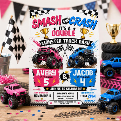 Monster Truck Double Birthday Invitation, Boom Crash It's A Monster Truck Bash, Sibling Party, Joint Invitation, Editable Canva Template __etsy:8008881188