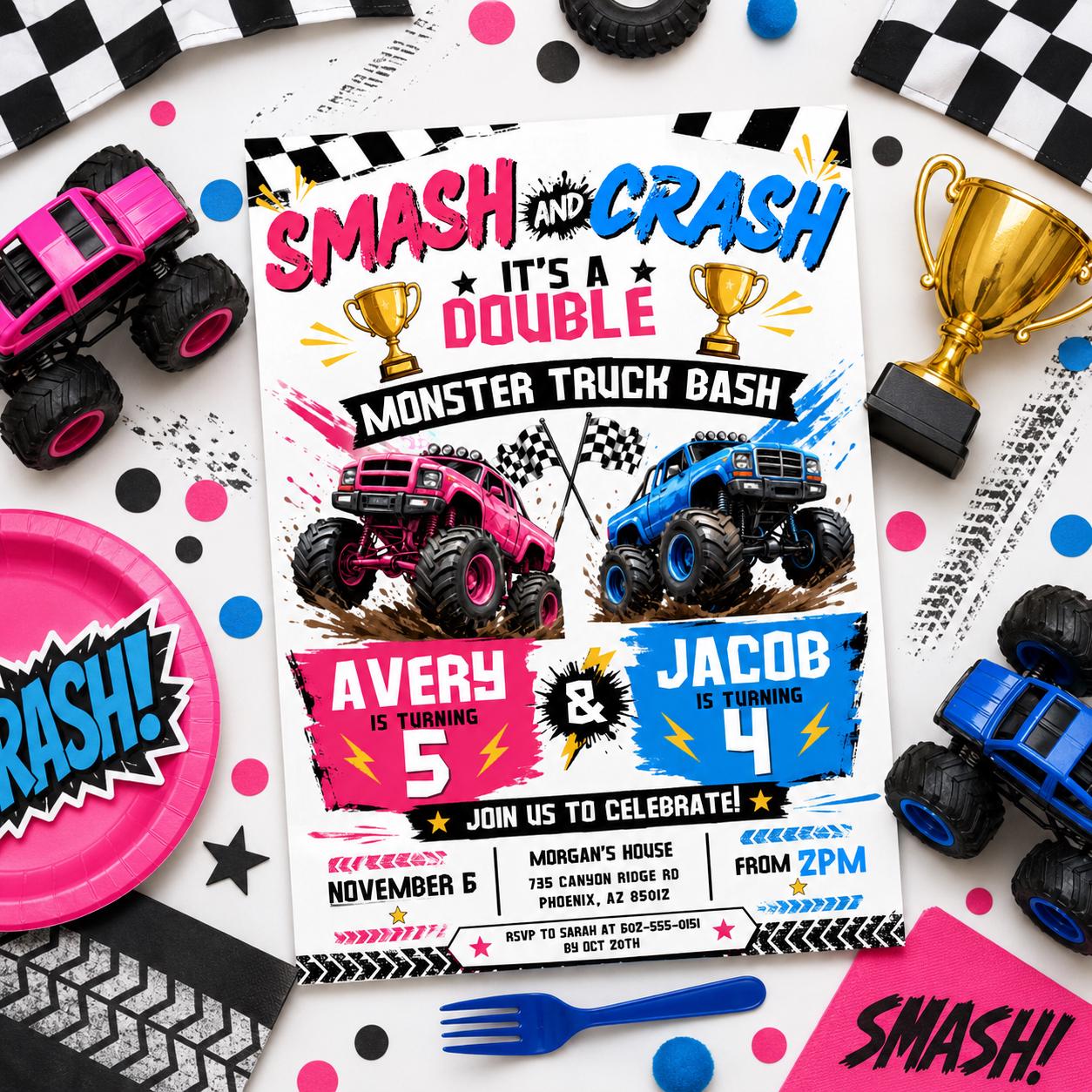 Monster Truck Double Birthday Invitation, Boom Crash It's A Monster Truck Bash, Sibling Party, Joint Invitation, Editable Canva Template __etsy:8008881268