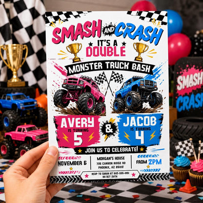 Monster Truck Double Birthday Invitation, Boom Crash It's A Monster Truck Bash, Sibling Party, Joint Invitation, Editable Canva Template __etsy:8008881346