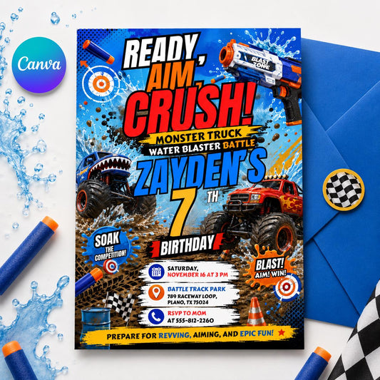 Monster Truck Water Battle Birthday, Blaster Birthday Invitation, Dart Battle Party Invite, Ready Aim Party Theme, Editable Canva Template __etsy:8047045662