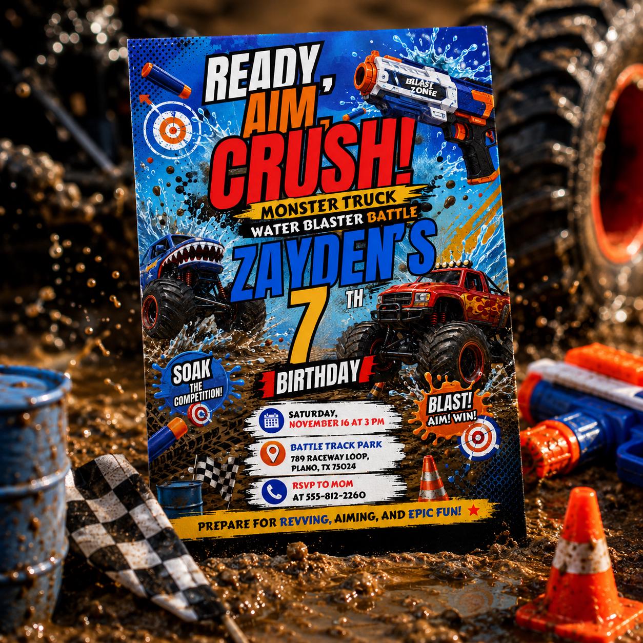 Monster Truck Water Battle Birthday, Blaster Birthday Invitation, Dart Battle Party Invite, Ready Aim Party Theme, Editable Canva Template __etsy:8094954049
