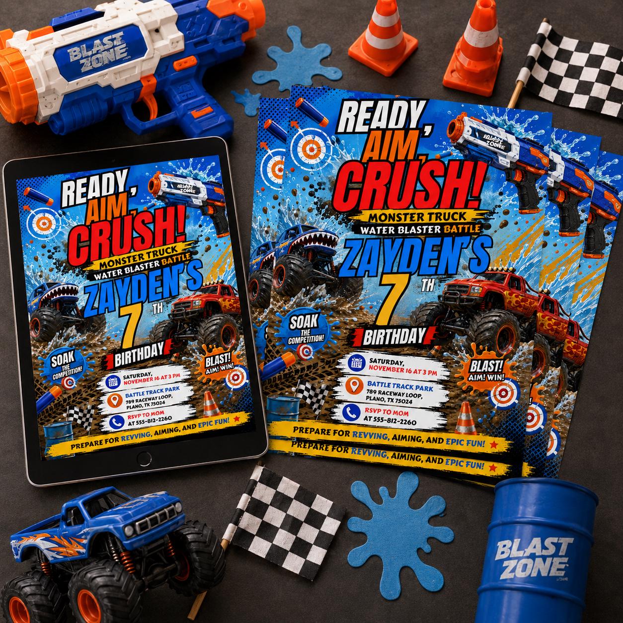 Monster Truck Water Battle Birthday, Blaster Birthday Invitation, Dart Battle Party Invite, Ready Aim Party Theme, Editable Canva Template __etsy:8094954191